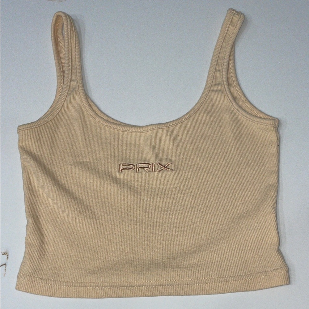 Prix Beige Ribbed Cropped Tank Top with Embroidered Logo | M